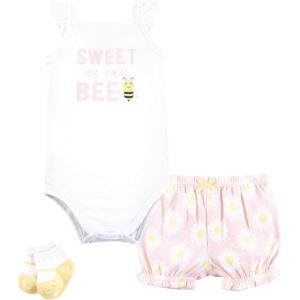 imageHudson Baby Unisex Baby Bodysuit Short and Sock 3Piece SetBee Pink Daisy