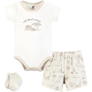 imageHudson Baby Unisex Baby Bodysuit Short and Sock 3Piece SetBeige Safari