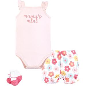 imageHudson Baby Unisex Baby Bodysuit Short and Sock 3Piece SetCheerful Flower Mini
