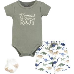 imageHudson Baby Unisex Baby Bodysuit Short and Sock 3Piece SetMamas Boy Sage Dino