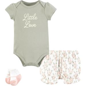 imageHudson Baby Unisex Baby Bodysuit Short and Sock 3Piece SetPink Sage Floral