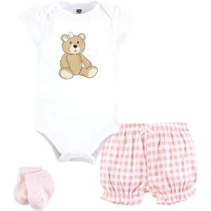 imageHudson Baby Unisex Baby Bodysuit Short and Sock 3Piece SetPink Teddy Bear