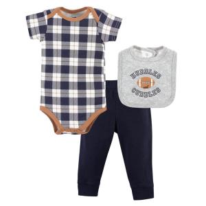 imageHudson Baby Unisex Baby Cotton Bodysuit Pant and Bib Set Peace Love Flowers NewbornFootball Huddles