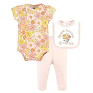 imageHudson Baby Unisex Baby Cotton Bodysuit Pant and Bib Set Peace Love Flowers NewbornPeace Love Flowers