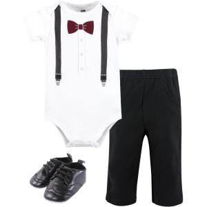 imageHudson Baby Unisex Baby Cotton Bodysuit Pant and Shoe SetBurgundy Black Bow Tie
