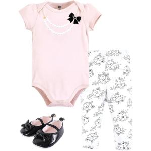 imageHudson Baby Unisex Baby Cotton Bodysuit Pant and Shoe SetPink Black Necklace