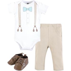 imageHudson Baby Unisex Baby Cotton Bodysuit Pant and Shoe SetTaupe Mint Suspender