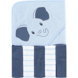 imageHudson Baby Unisex Baby Hooded Towel and Five Washcloths Modern Giraffe One SizeBlue Elephant