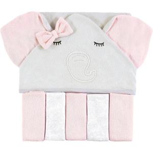 imageHudson Baby Unisex Baby Hooded Towel and Five Washcloths Modern Giraffe One SizeGray Pink Elephant