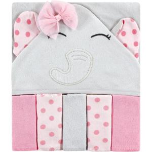 imageHudson Baby Unisex Baby Hooded Towel and Five Washcloths Modern Giraffe One SizePink Dots Pretty Elephant
