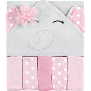 imageHudson Baby Unisex Baby Hooded Towel and Five Washcloths Modern Giraffe One SizeWhite Dots Pretty Elephant