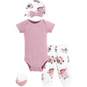 imageHudson Baby Unisex Thermal Preemie Layette Set 4pc Short Sleeve OutfitDusty Rose Floral