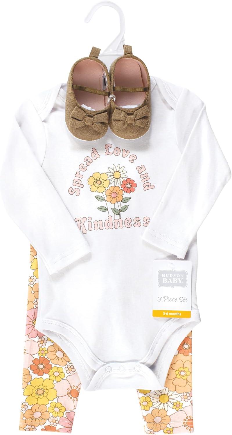 imageHudson Baby Unisex Baby Cotton Bodysuit Pant and Shoe Set Peace Love Flowers 36 Months