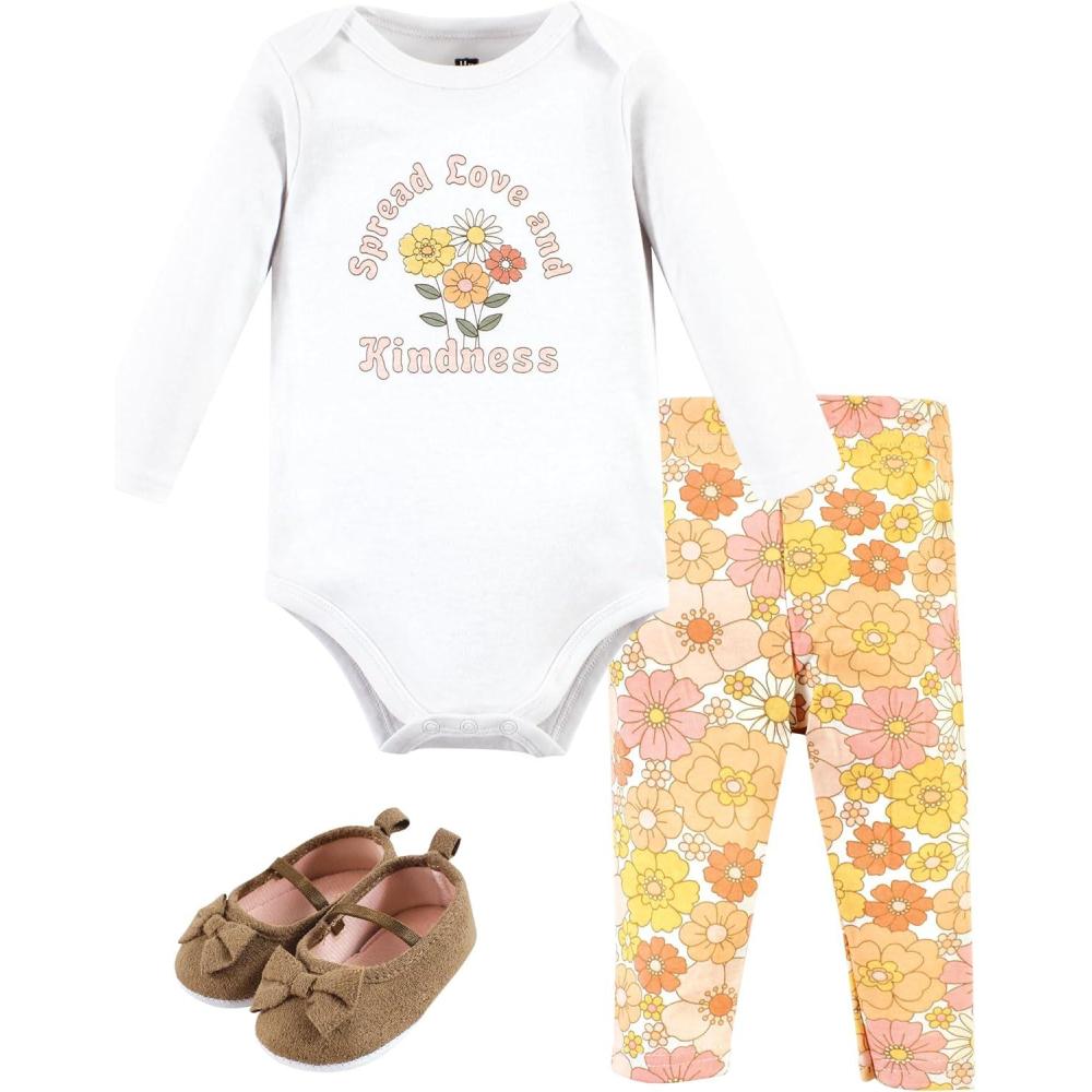 imageHudson Baby Unisex Baby Cotton Bodysuit Pant and Shoe Set Peace Love Flowers 36 Months