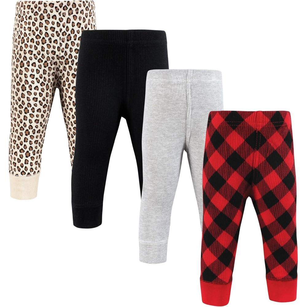 imageHudson Baby Unisex Baby Thermal Tapered Ankle Pants 4pk Acorn BotanicalBuffalo Plaid Leopard