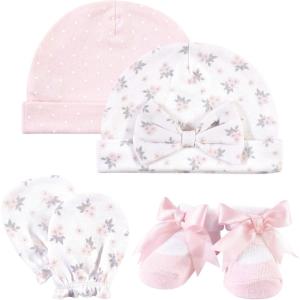 imageHudson Baby babygirls Caps Scratch Mitten and Sock SetPink Gray Floral