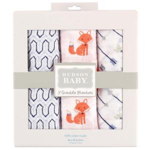 imageHudson Baby Unisex Baby Cotton Muslin Swaddle Blankets Blue Whales 3PackFoxes