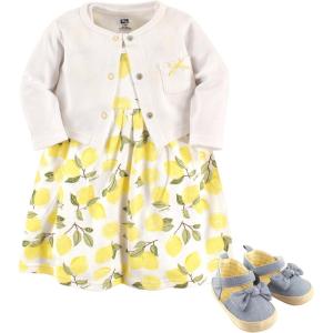 imageHudson Baby babygirls Cotton Dress Cardigan and Shoe Multipack SetLemon