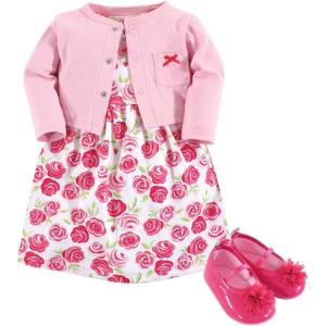 imageHudson Baby babygirls Cotton Dress Cardigan and Shoe Multipack SetPink Roses