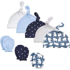 imageHudson Baby Unisex Baby Cotton Cap and Scratch Mitten SetBlue Elephant