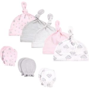 imageHudson Baby Unisex Baby Cotton Cap and Scratch Mitten SetCloud Mobile Pink