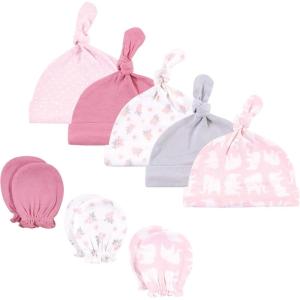 imageHudson Baby Unisex Baby Cotton Cap and Scratch Mitten SetPink Elephant