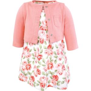 imageHudson Baby Infant and Toddler Girls Cotton Dress and Cardigan SetCoral Floral