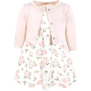 imageHudson Baby Infant and Toddler Girls Cotton Dress and Cardigan SetSoft Pink Sage Rose