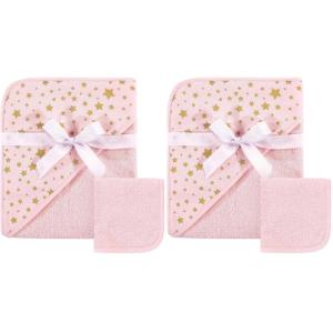 imageHudson Baby Unisex Baby Cotton Hooded Towel and Washcloth Pink Gold Star One Size Pack of 2