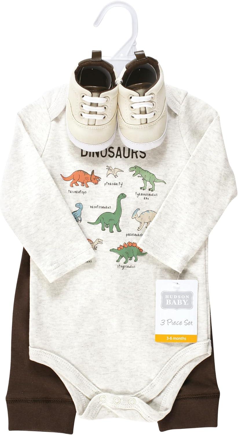 imageHudson Baby Unisex Baby Cotton Bodysuit Pant and Shoe Set Dinosaur Adventures Newborn