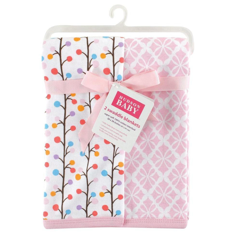 imageHudson Baby 2 Piece Interlock Cotton Swaddle Blanket Pink Budding Branches