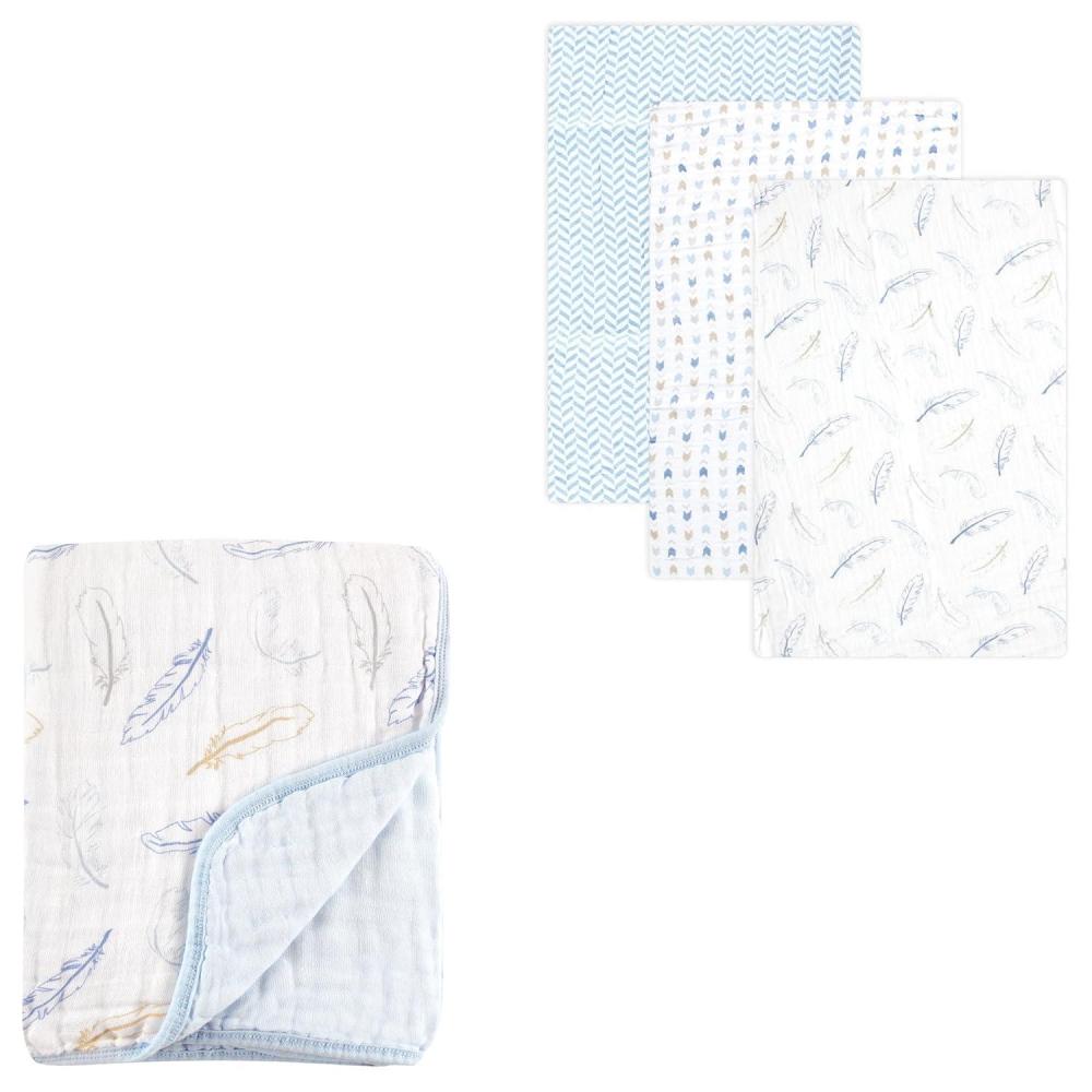 imageHudson Baby Muslin Swaddle Blanket 3Pack ampamp 4Layer Tranquility Muslin BlanketBlue Feather