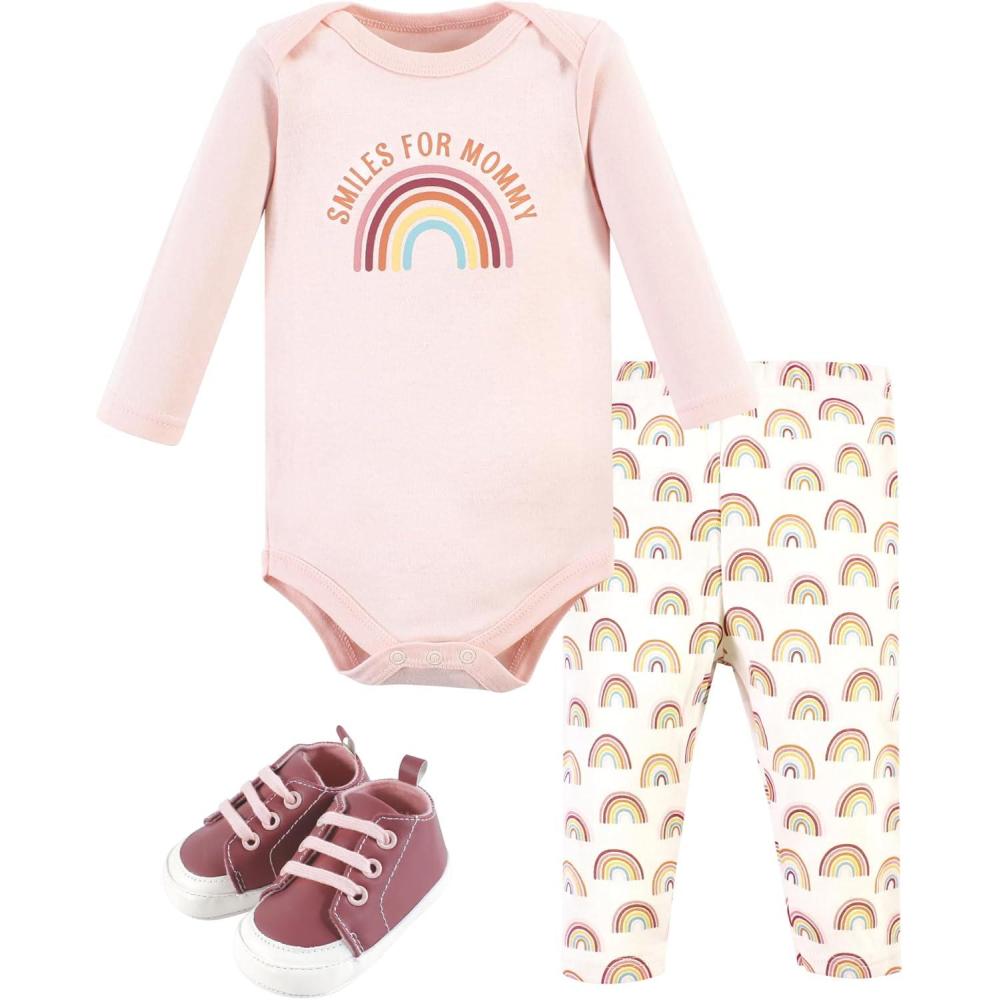 imageHudson Baby Unisex Baby Cotton Bodysuit Pant and Shoe Set Sunshine Rainbows 912 Months