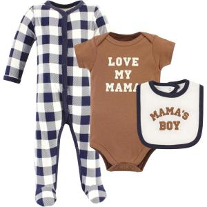 imageHudson Baby Unisex Cotton Sleep and Play Bodysuit and Bandana Bib SetBrown Navy Mamas Boy