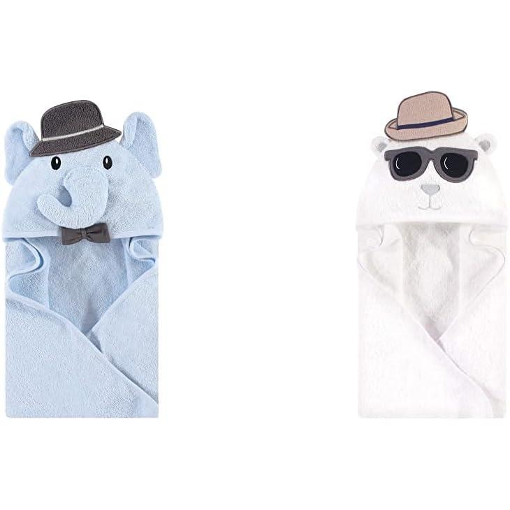 imageHudson Baby Boy Animal Face Hooded Towel 2Pack Cow RoosterBlue Charcoal Elephant Handsome Bear