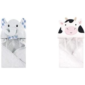 imageHudson Baby Boy Animal Face Hooded Towel 2Pack Cow RoosterGingham Elephant Cow