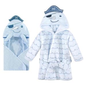 imageHudson Baby Unisex Baby Cotton Animal Face Hooded Towel and Plush Bathrobe Bundle Set Narwhal 09 Months