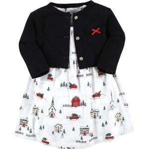 imageHudson Baby Infant and Toddler Girls Cotton Dress and Cardigan SetChristmas Scene