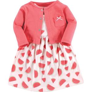 imageHudson Baby Infant and Toddler Girls Cotton Dress and Cardigan SetCoral Watermelon