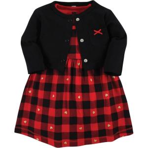 imageHudson Baby Infant and Toddler Girls Cotton Dress and Cardigan SetGold Heart Buffalo Plaid