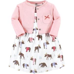 imageHudson Baby Infant and Toddler Girls Cotton Dress and Cardigan SetPink Moose Bear