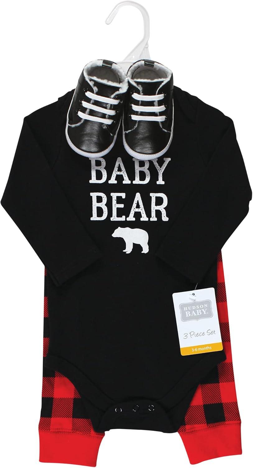 imageHudson Baby Unisex Baby Cotton Bodysuit Pant and Shoe SetBuffalo Plaid Baby Bear