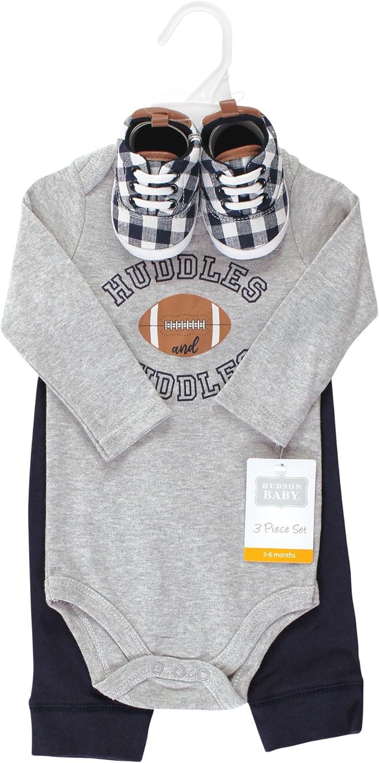 imageHudson Baby Unisex Baby Cotton Bodysuit Pant and Shoe SetFootball Huddles Long Sleeve
