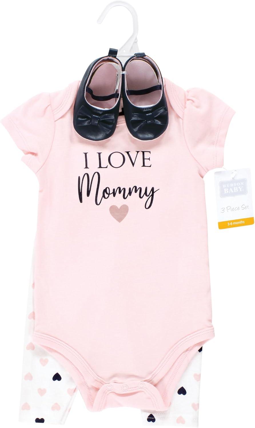 imageHudson Baby Unisex Baby Cotton Bodysuit Pant and Shoe SetGirl Mommy Pink Navy