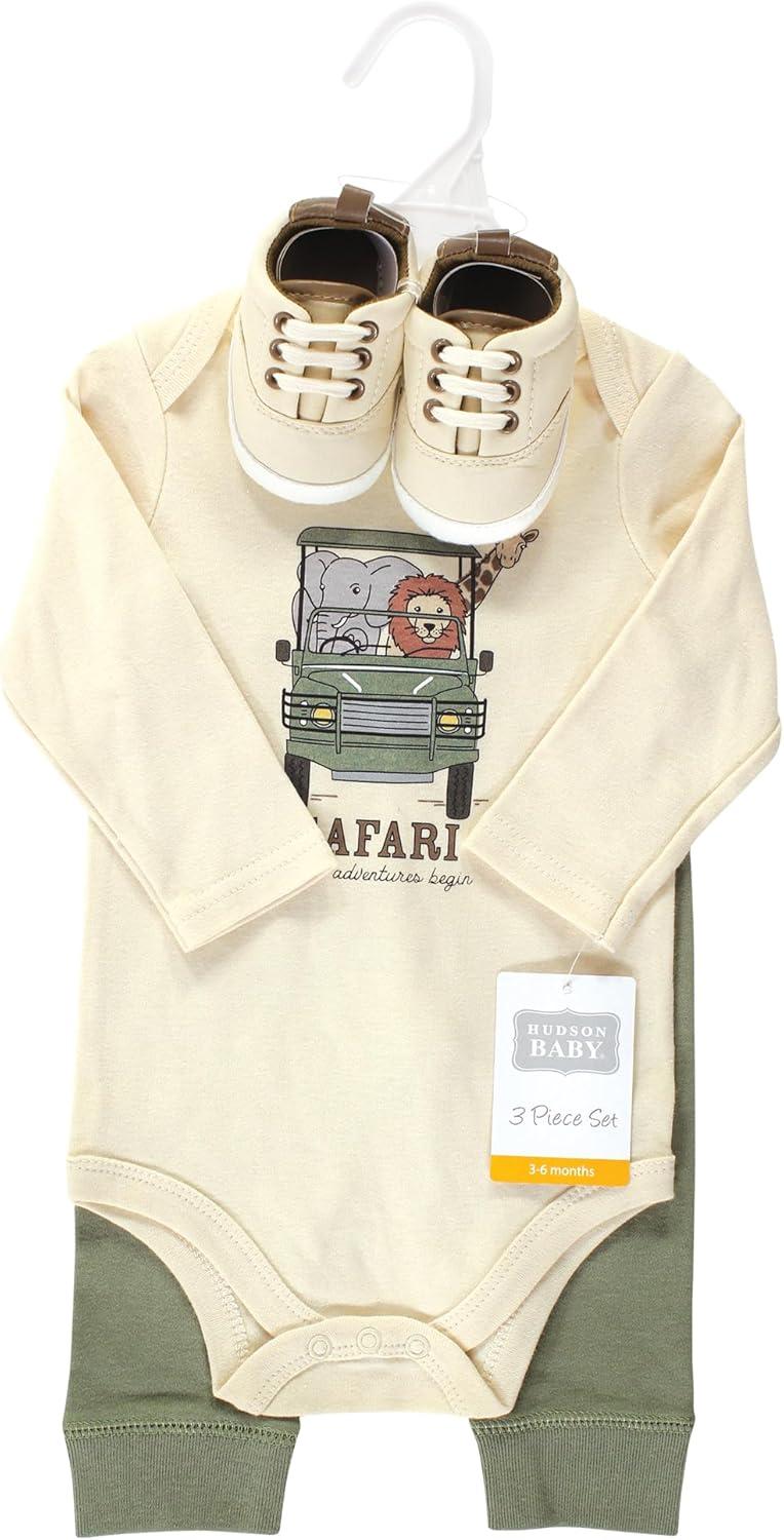 imageHudson Baby Unisex Baby Cotton Bodysuit Pant and Shoe SetGoing on Safari Long Sleeve