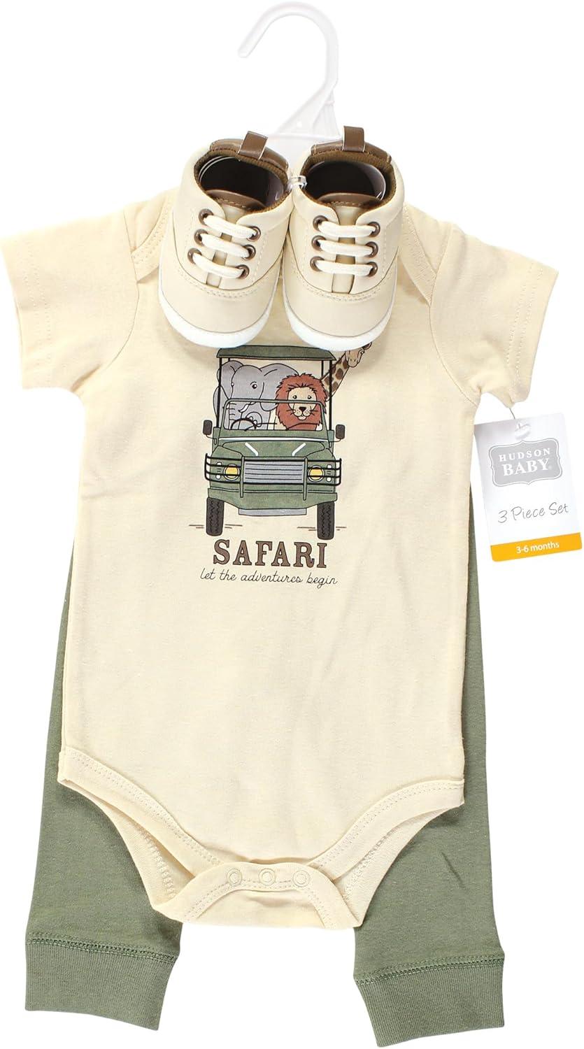 imageHudson Baby Unisex Baby Cotton Bodysuit Pant and Shoe SetGoing on Safari Short Sleeve