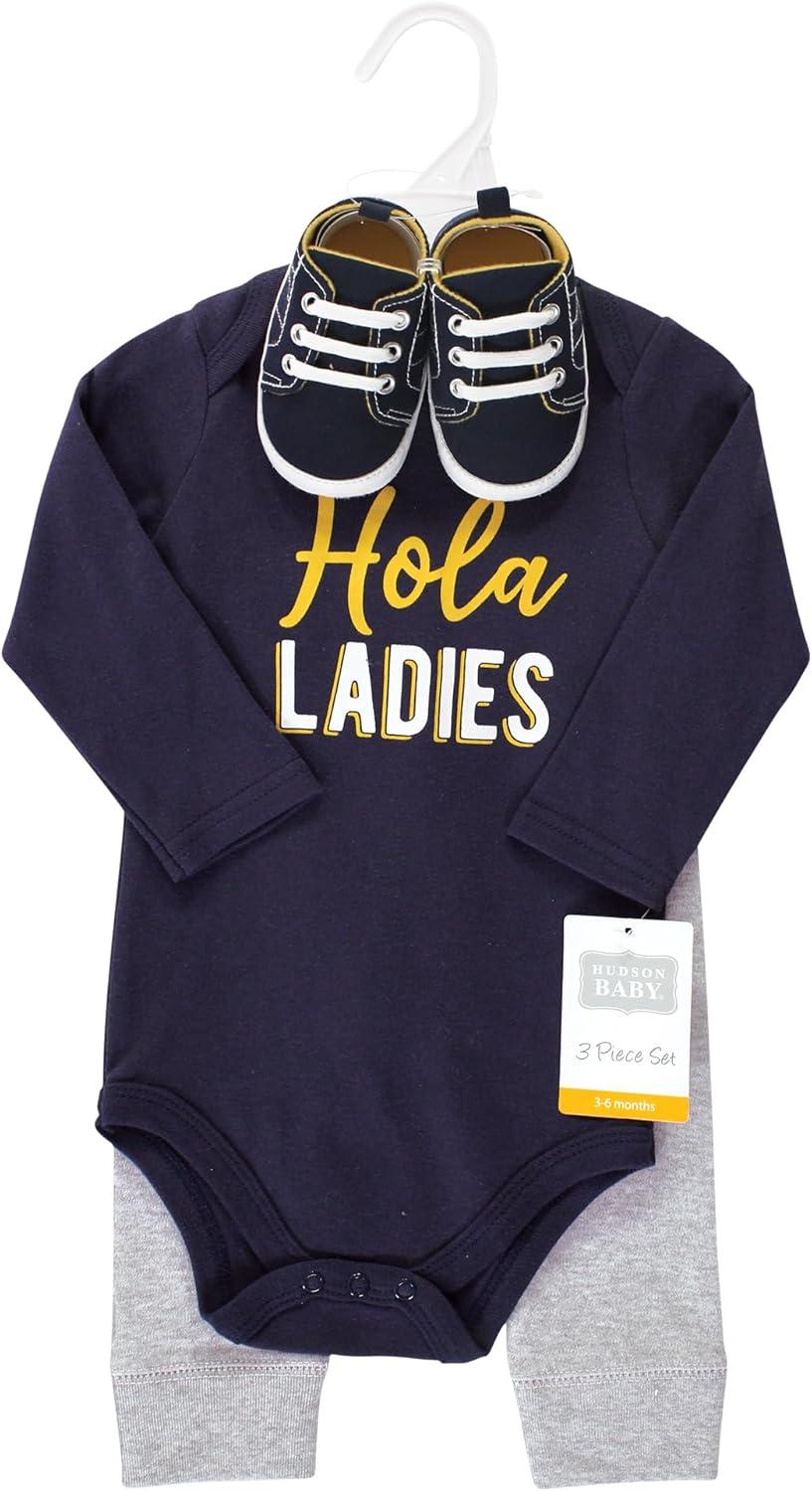 imageHudson Baby Unisex Baby Cotton Bodysuit Pant and Shoe SetHola Ladies Long Sleeve