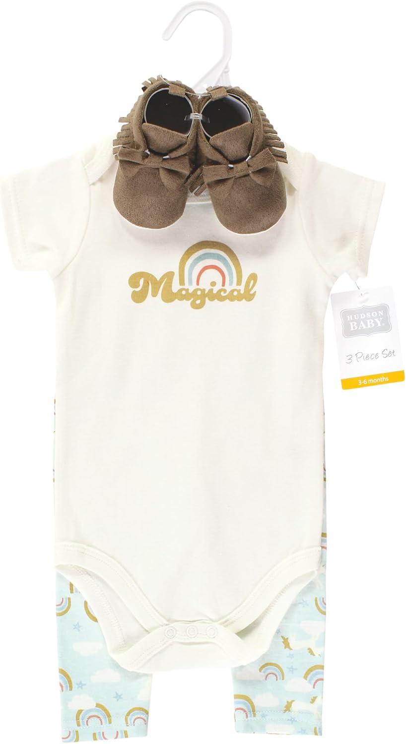 imageHudson Baby Unisex Baby Cotton Bodysuit Pant and Shoe SetMagical Rainbow Short Sleeve