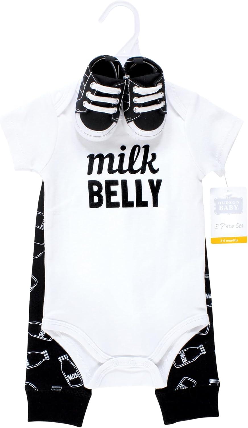 imageHudson Baby Unisex Baby Cotton Bodysuit Pant and Shoe SetModern Milk Belly