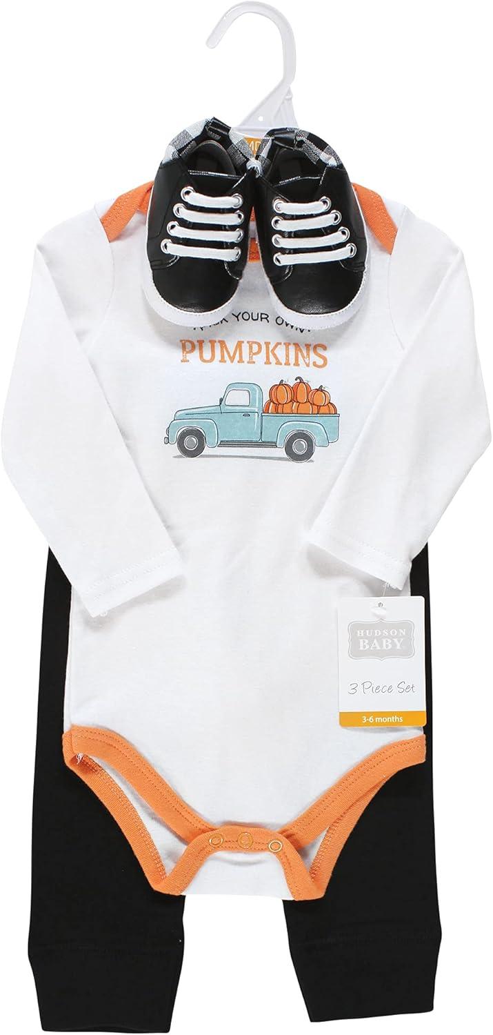 imageHudson Baby Unisex Baby Cotton Bodysuit Pant and Shoe SetPumpkin Truck